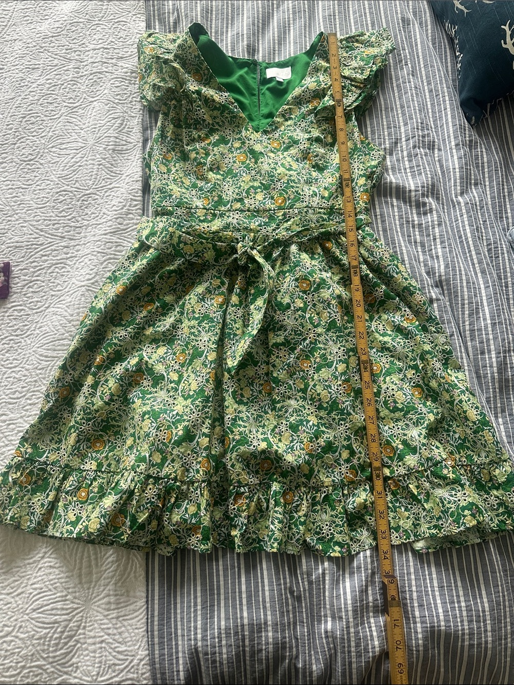 Sugarlips Green Floral Ruffle Eyelet Mini Dress with Yellow Accents - Picture 6 of 7